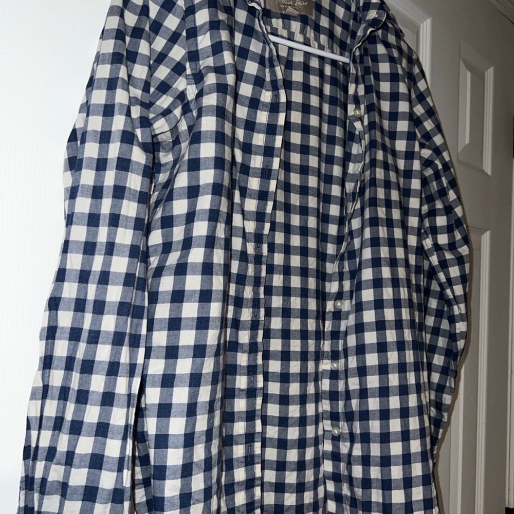 BananaRepublic Men Womens XSmall Navy Blue Gingham Plaid Soft Wash Shirt Stretch